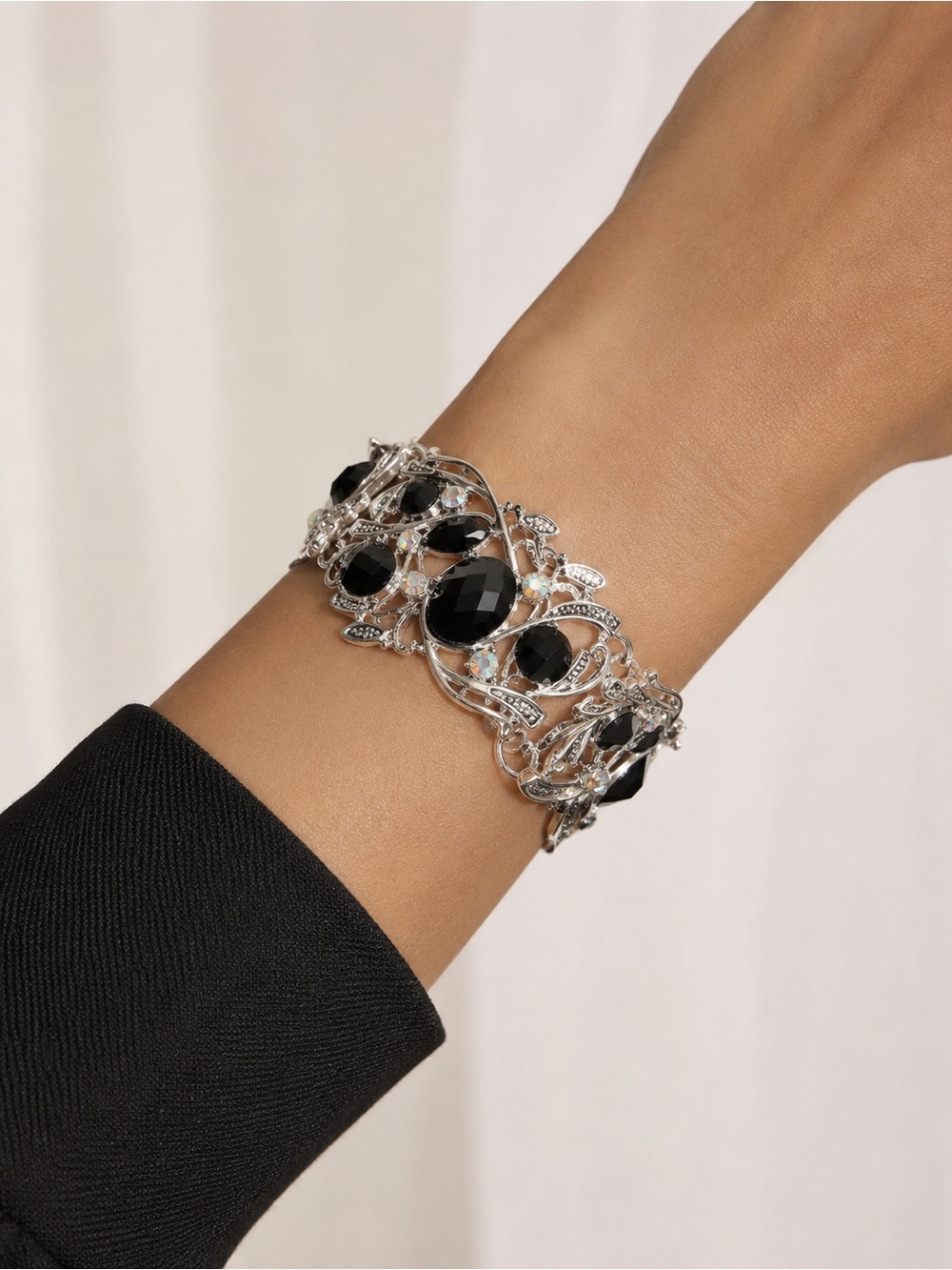 Black Glass  Crystal Statement Cuff Bracelet - Women Jewelry